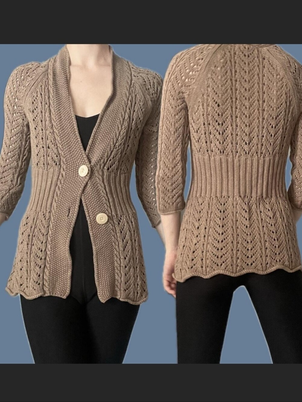 Eddie Bauer Bella Swan Y2K 90s Loose Knit Peplum Babydoll 3/4 Sleve Cardigan Lg